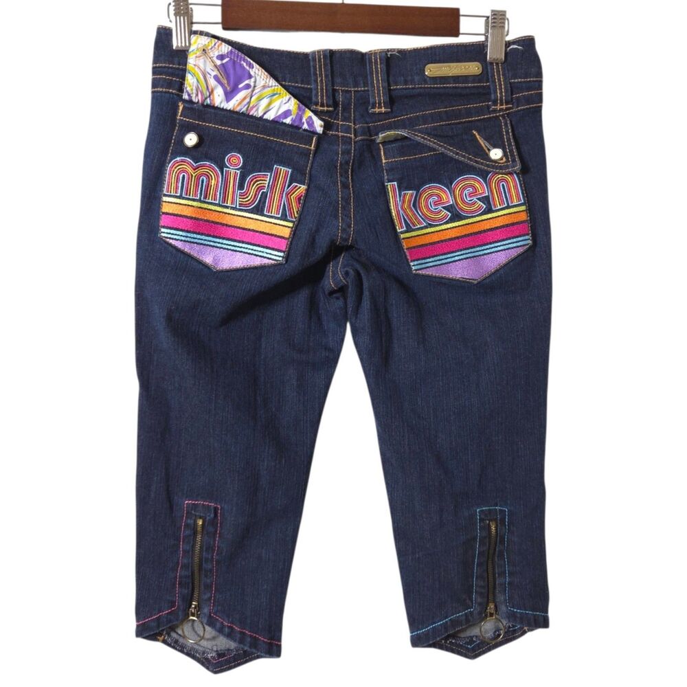 MISKEEN Capri Jeans Size 3 Junior's Y2K 90s Cropped Embroidered Thick Stitch
